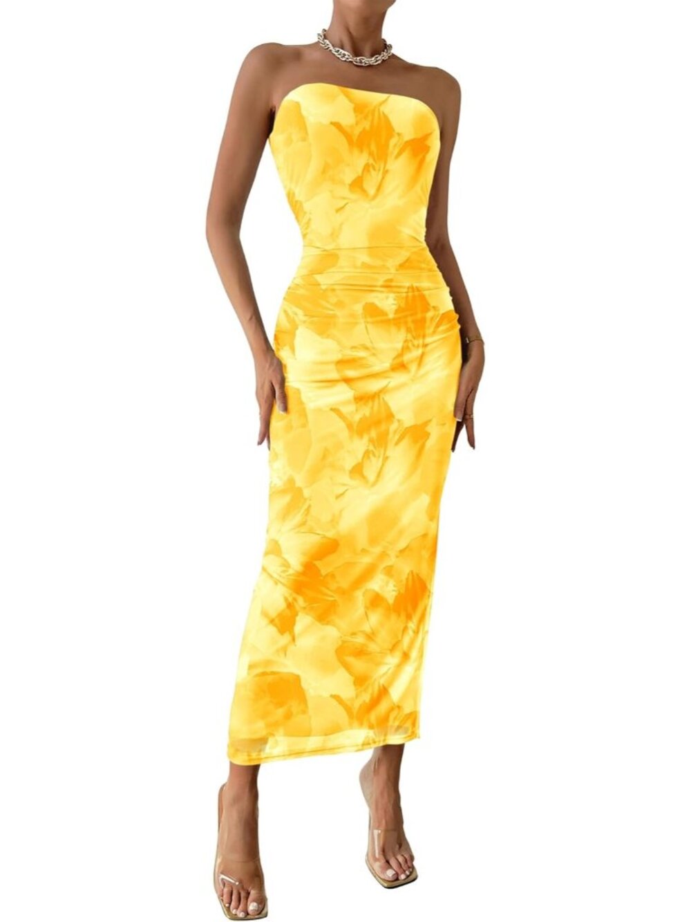 Women's Floral Yellow Summer Wedding Guest Dress Strapless Tube Top Maxi Dress